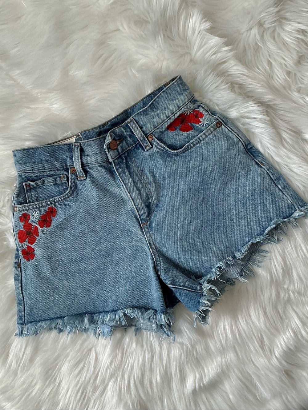 Marine Layer Sasha High-Rise Cutoff Jean Shorts with Red Floral Embroidery